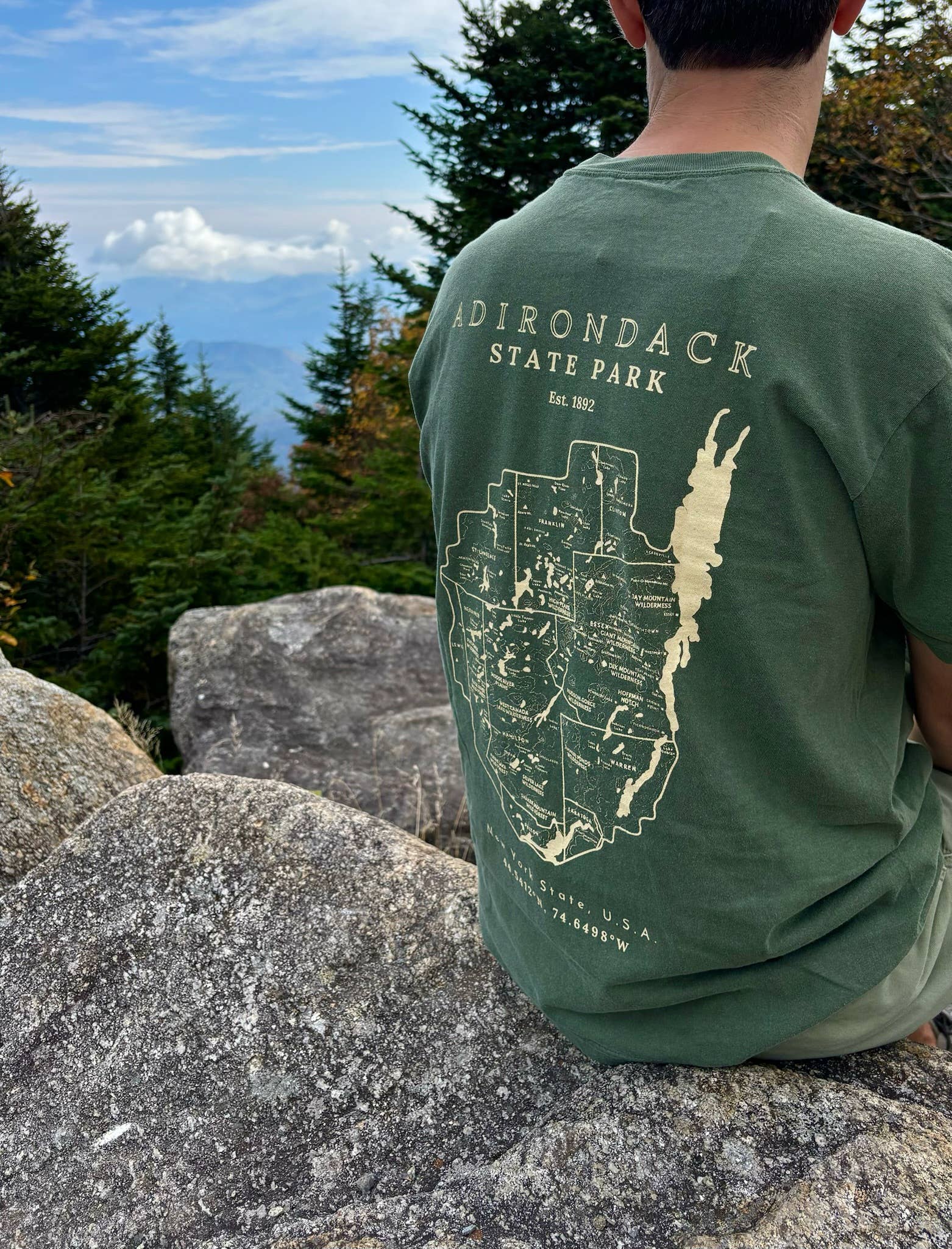 Just Wandering Co. - Wholesale Screen Printed T-Shirt - Unisex - Adirondack Park Map Short Sleeve Shirt | Plattsburgh, New Yo6