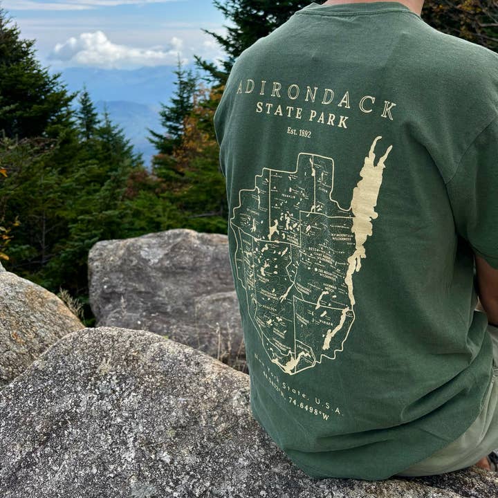 Just Wandering Co. - Wholesale Screen Printed T-Shirt - Unisex - Adirondack Park Map Short Sleeve Shirt | Plattsburgh, New Yo6