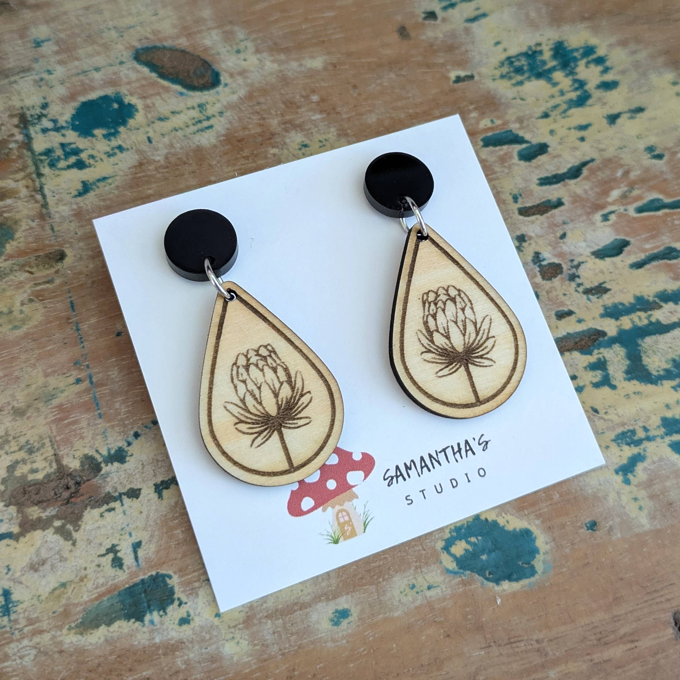 Samantha's Studio - Wholesale Dangle earrings - Protea Single Flower Dangle Earrings - wooden1