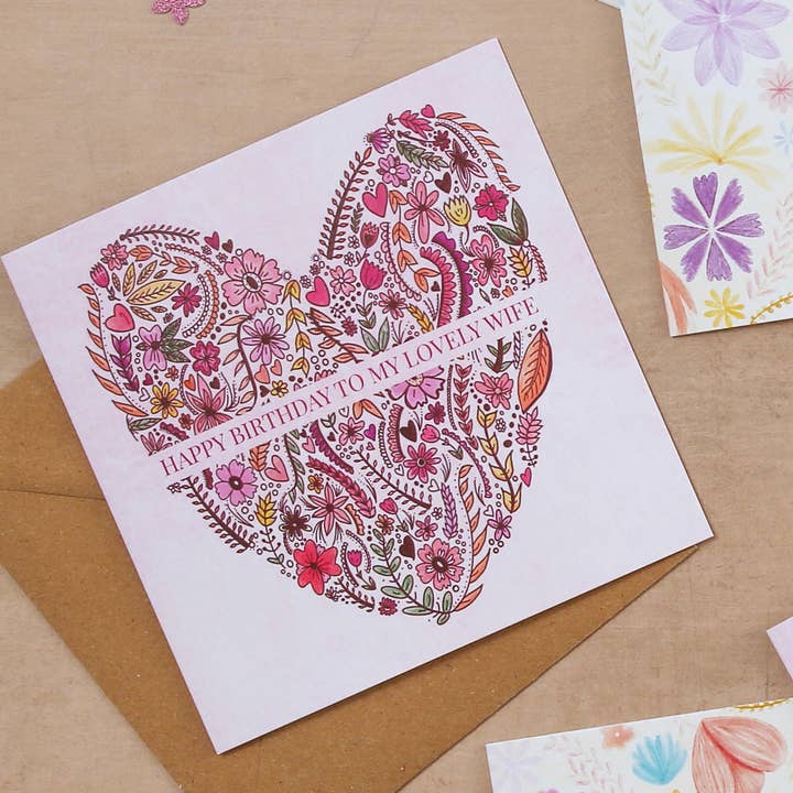 Floral Heart Lovely Wife Birthday Card for wholesale by Rainee Collections