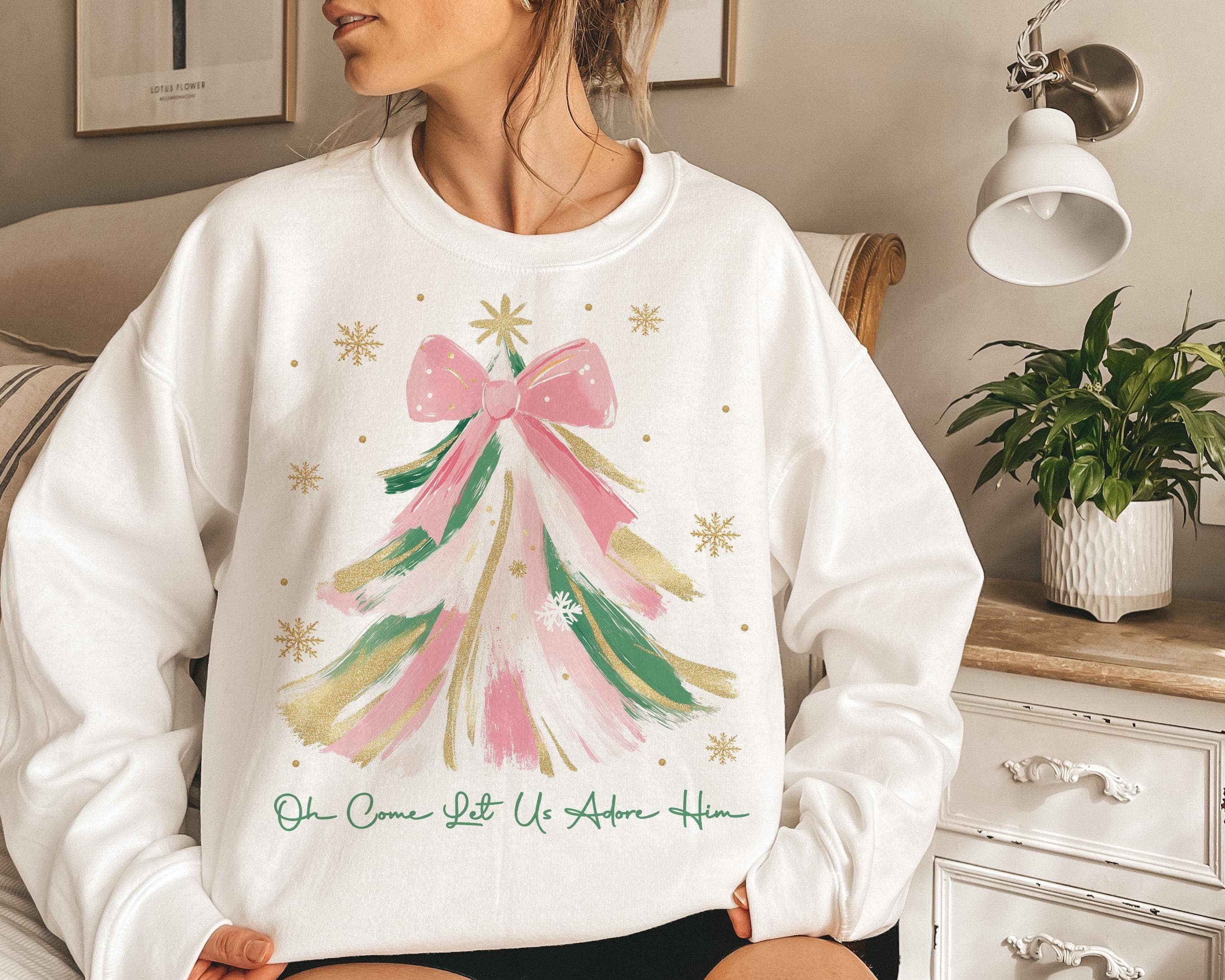 NVC Ecommerce LLC - Wholesale T-Shirt (Graphic) - Women's - Oh Come Let Us Adore Him Sweatshirt, Christmas Tree Shirt1