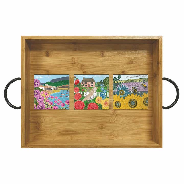 BAMBOO WOOD SERVING TRAY W/METAL HANDLES-COSTA DEL SOL for wholesale by Paperproducts Design • Ambiente