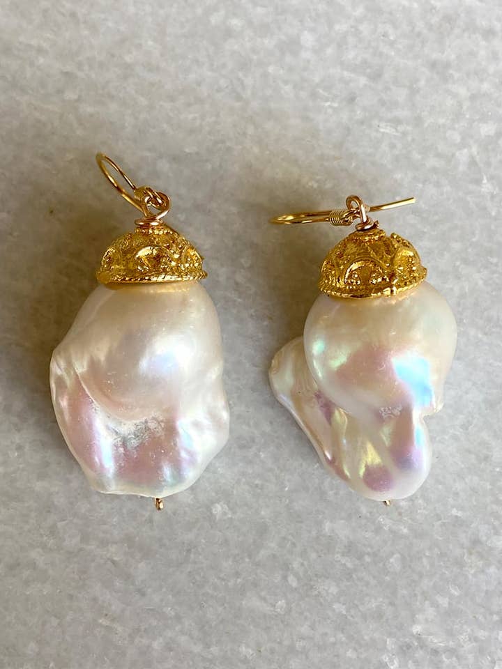 Capped Ivory Baroque Pearl Earrings for wholesale by Bittersweet Designs