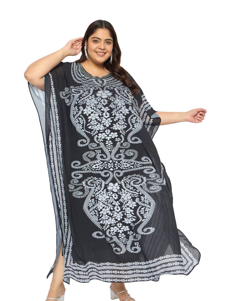 Georgette Black Leaf Kaftan For Women for wholesale by GYPSIE BLU