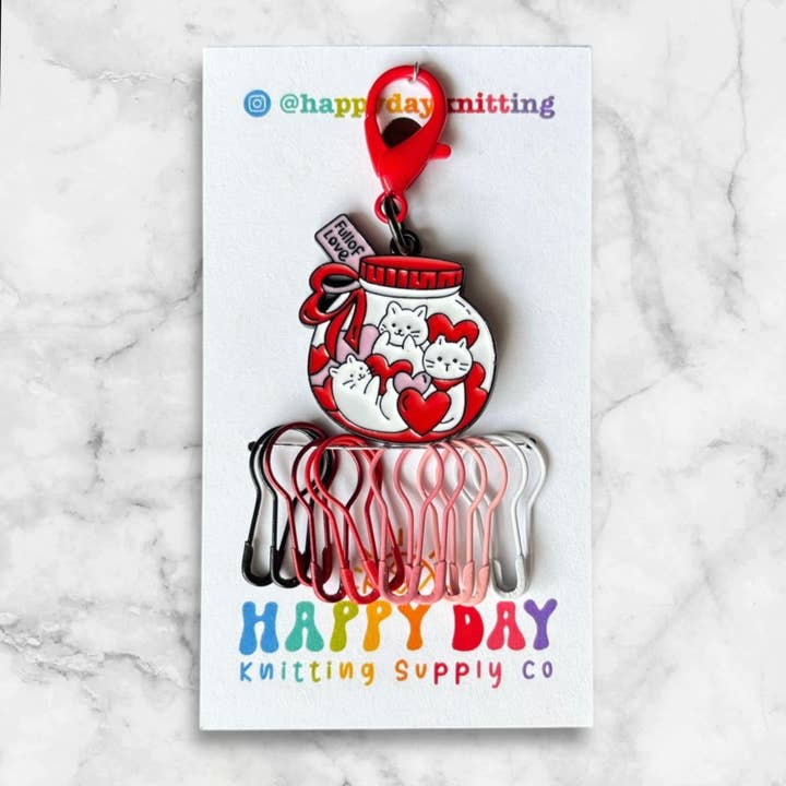 Jar of Love Cat Progress Keeper with Bulb Pin Stitch Markers for wholesale by Happy Day Knitting