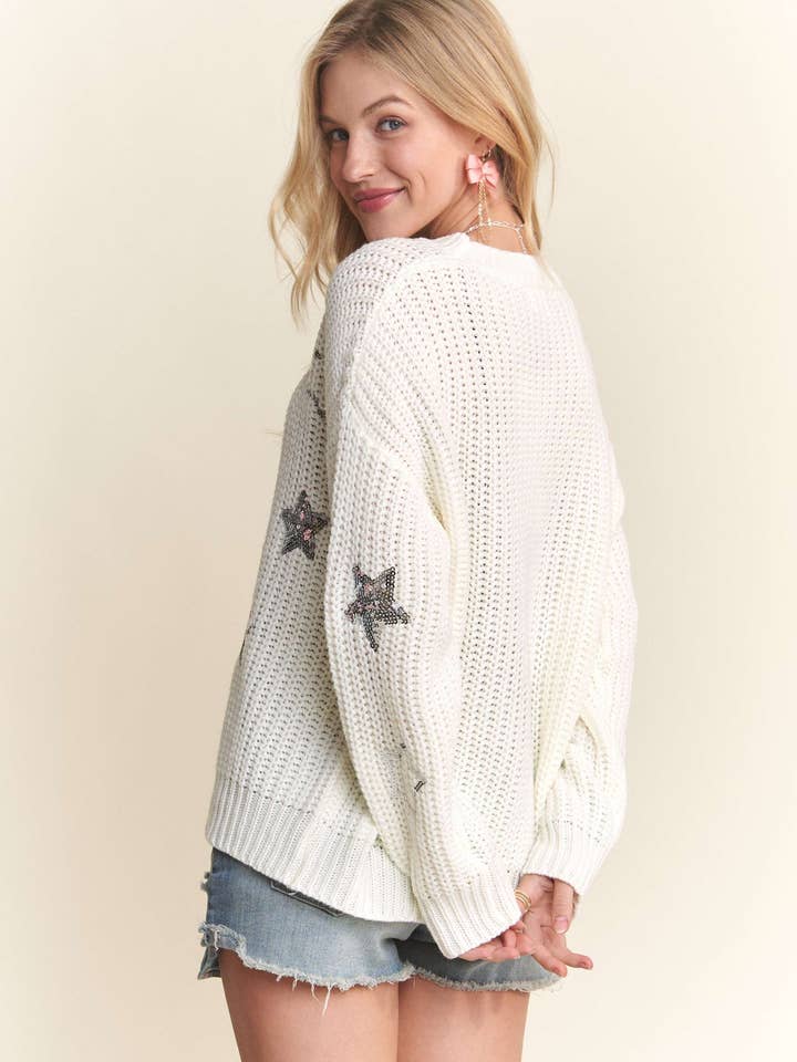ADORA LA – wholesale Pullovertröja - Dam – CESW3745 - STJÄRNTRÖJA MED DROPPAXLADE PALJETTER