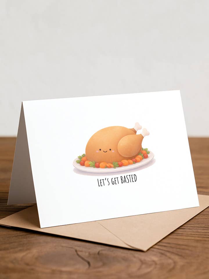 Carte de Thanksgiving "Let's Get Basted" - Dîner de dinde amusant pour la vente par Chewy Lemon Studio