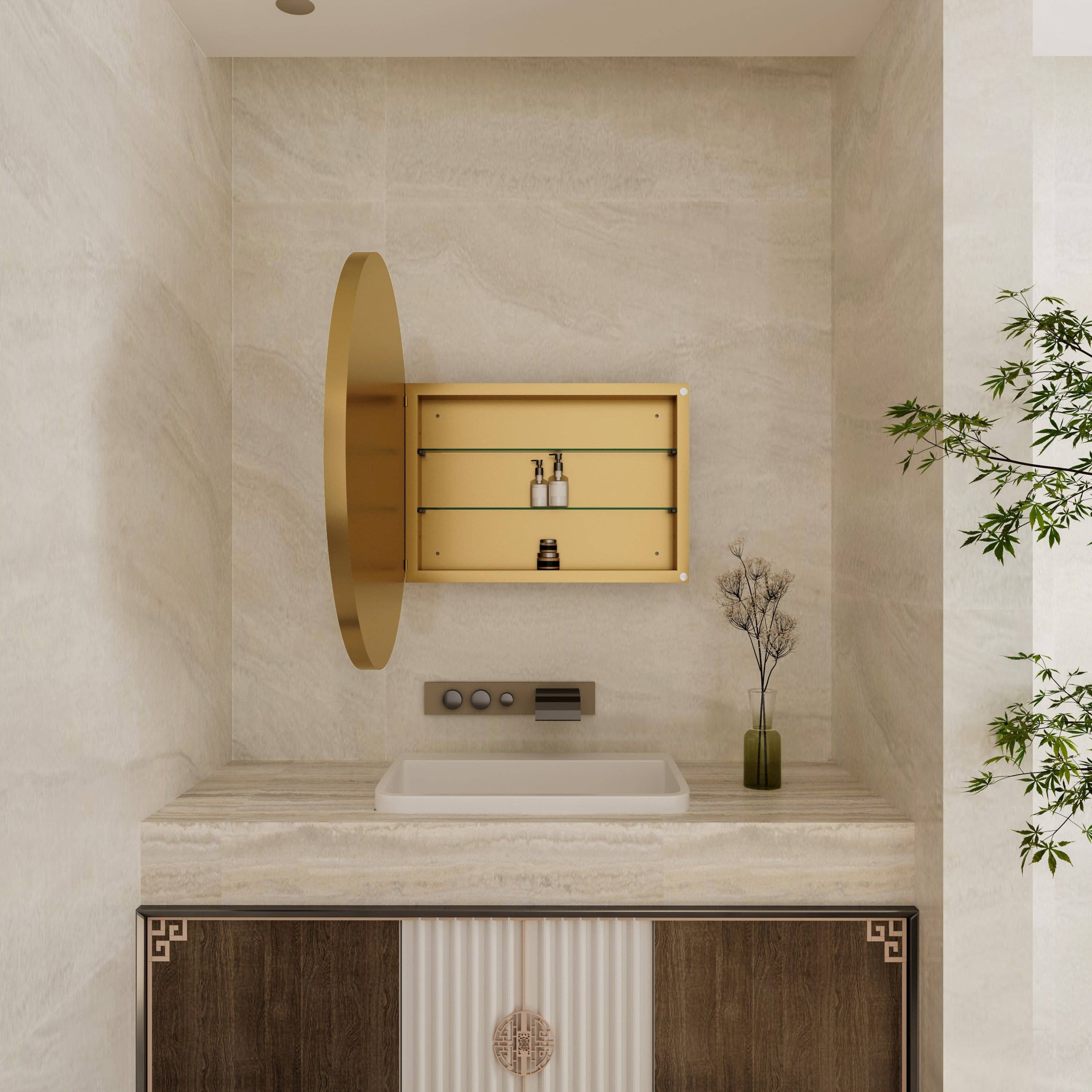 39F Inc. - Wholesale Wall Mirror - 31.5" Matte Gold Round Metal Medicine Cabinet - Mirror2