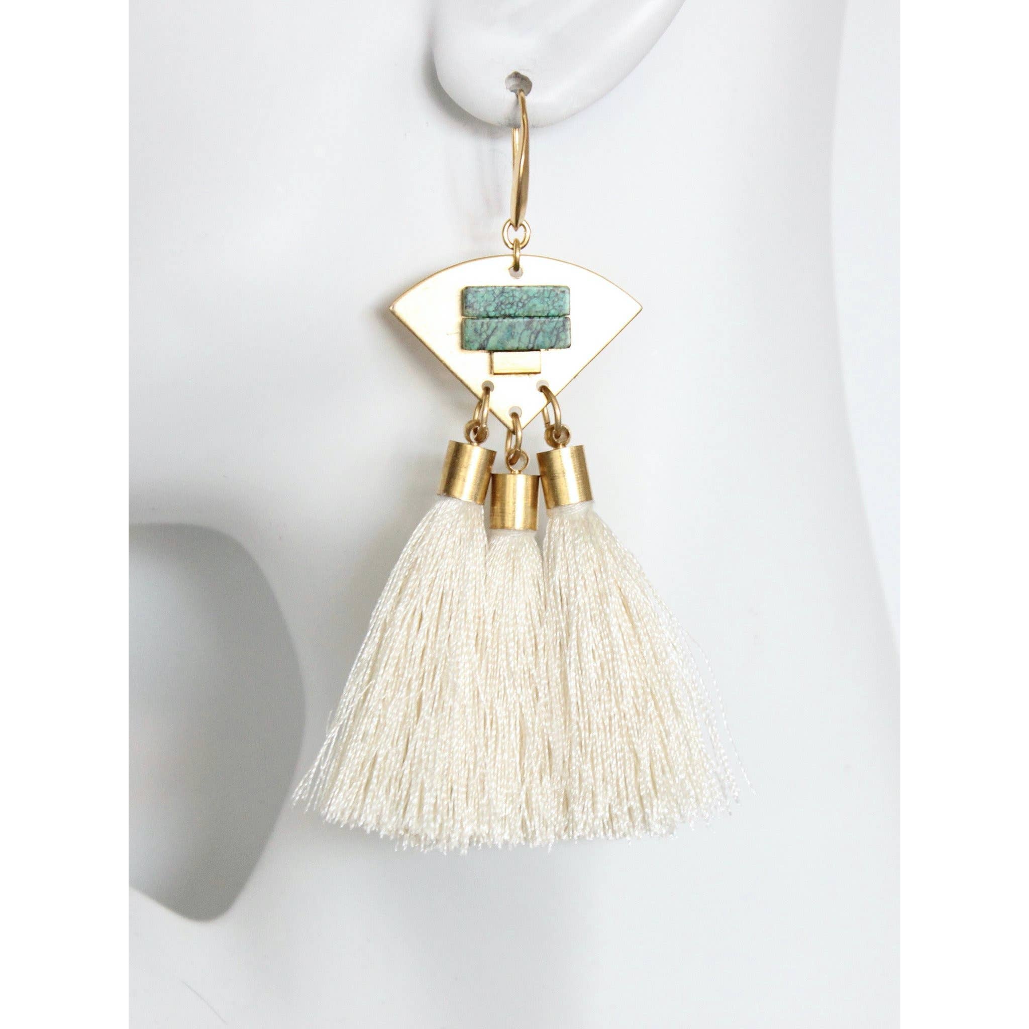 David Aubrey Jewelry - Wholesale Tassel Earrings - PRSE28 Turquoise stone and white silk tassel earrings1
