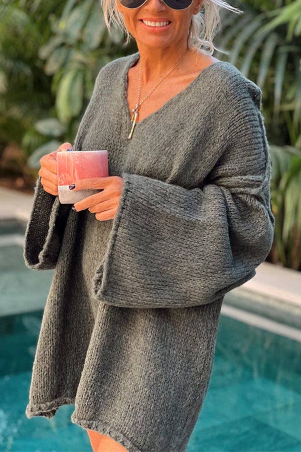 Rosa Clothing - Wholesale Tunic Sweater - Women's - rizz slouchy v-neck flare sleeve knit sweater jumper4