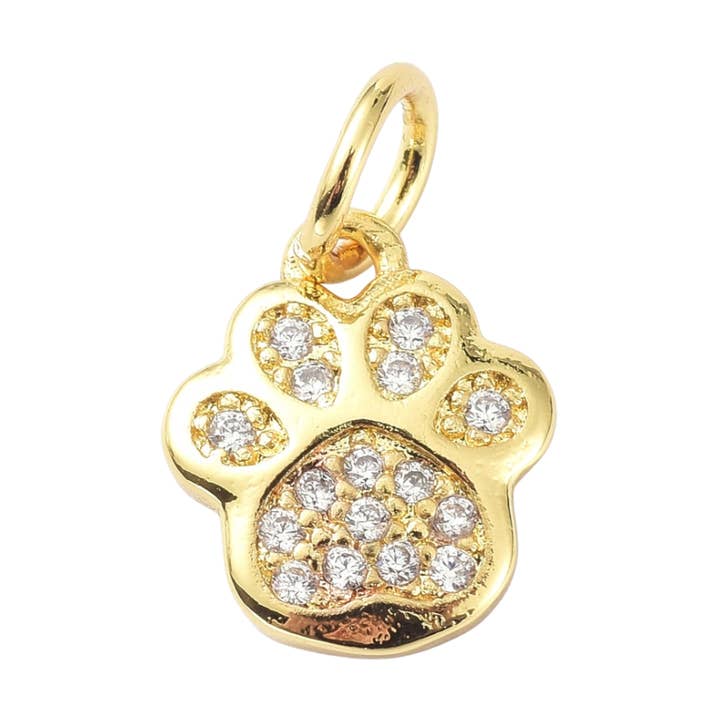 The Charm Bar Company - Wholesale Individual Charm/Pendant - * Gold and Cubic Zirconia Paw Print Charm0