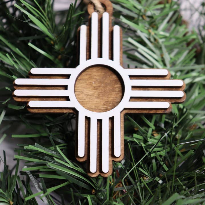 Zia Sun Sign Layered Wood Christmas Ornament for wholesale by The Trendy Traveler