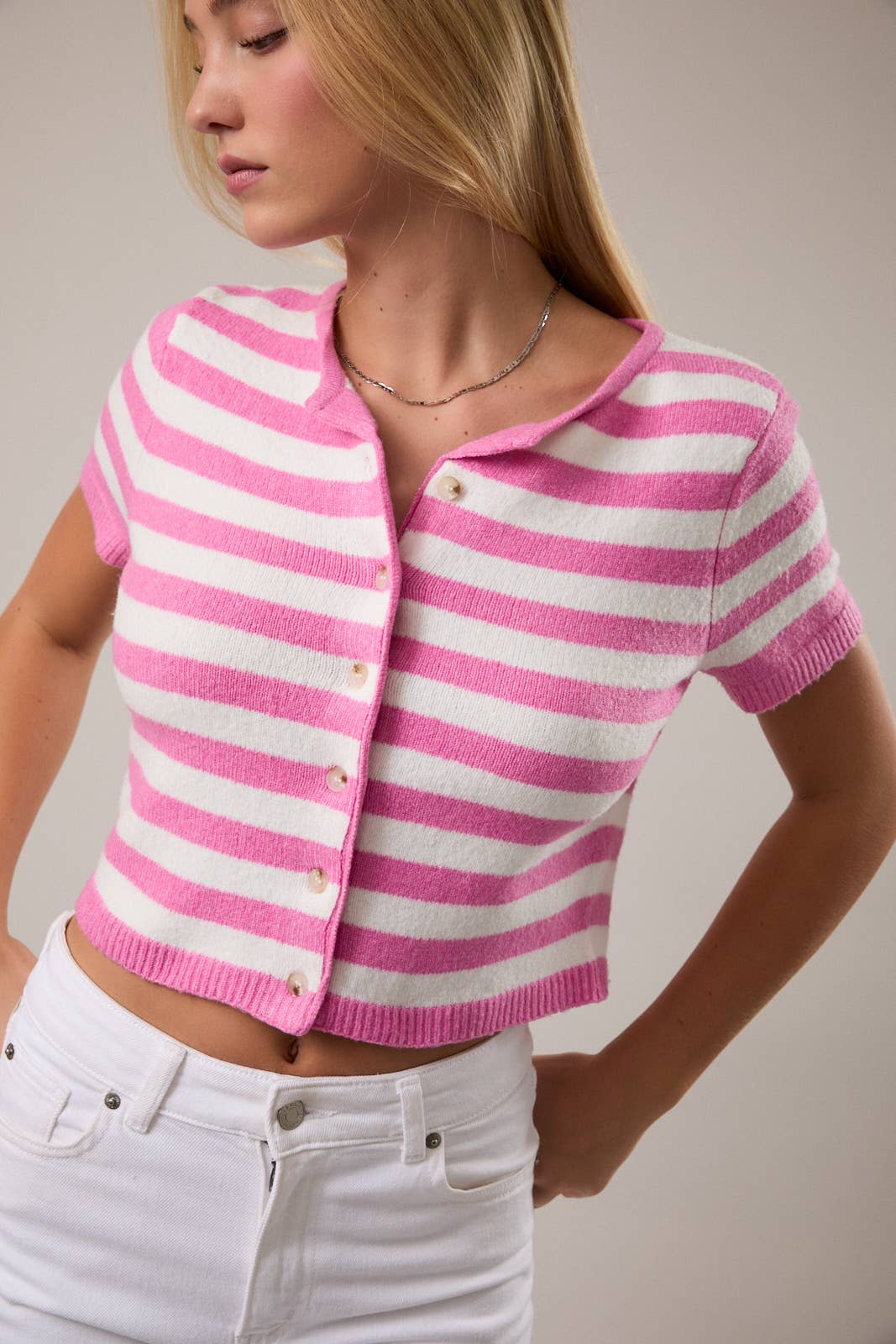 LE LIS - Wholesale Knit Sweater - Women's - SHORT SLEEVE ROUND NECK STRIPED SOFT SWEATER CROP TOP10