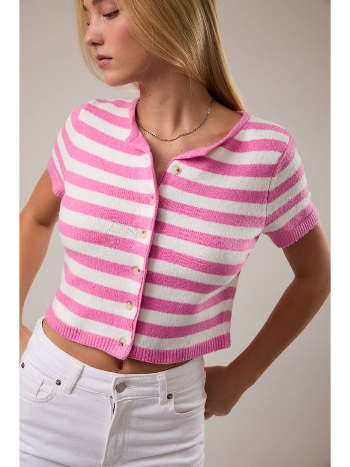 LE LIS - Wholesale Knit Sweater - Women's - SHORT SLEEVE ROUND NECK STRIPED SOFT SWEATER CROP TOP10