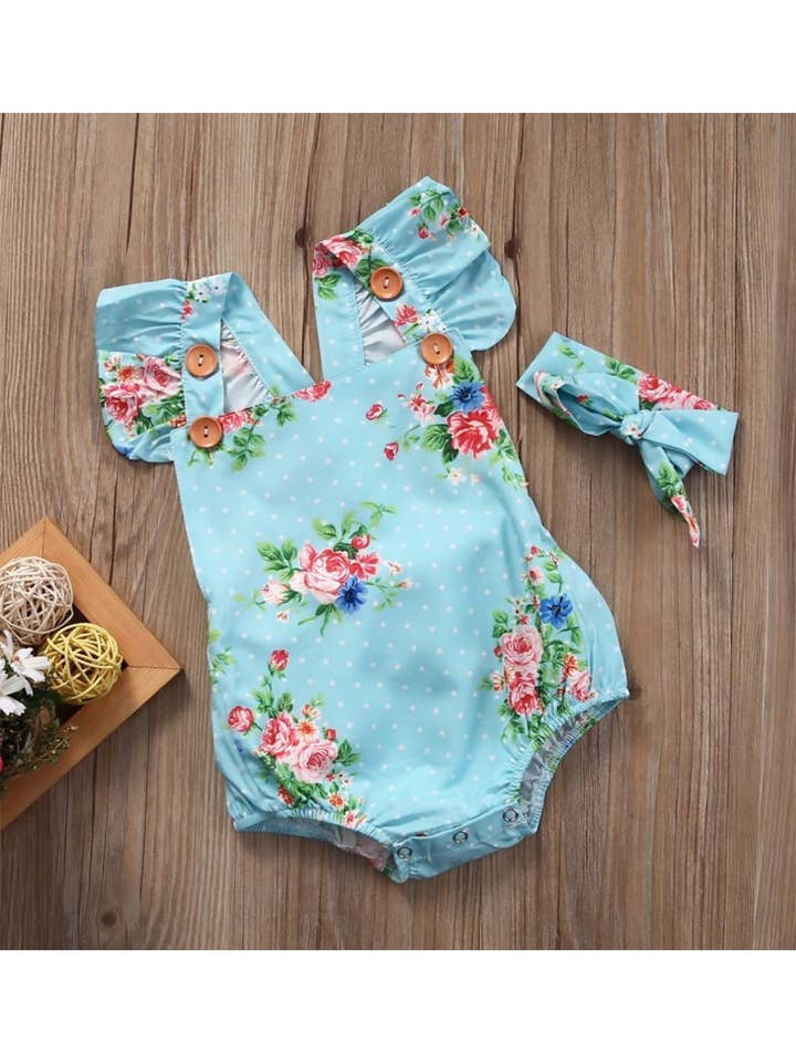 Fennco Styles - Wholesale Bodysuit (Non-Footed) - Baby - Blue Floral Print Ruffle Backless Baby Romper