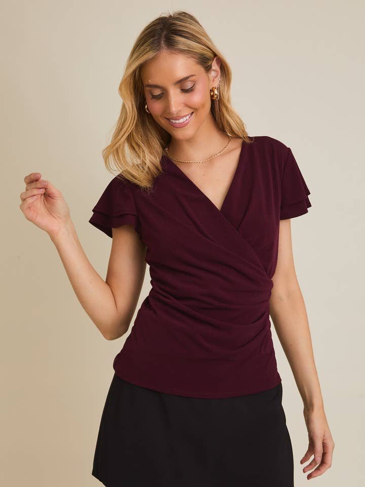 V NECK RUFFLE SHORT SLEEVE SHRRING DETAIL TOP for wholesale by GILLI