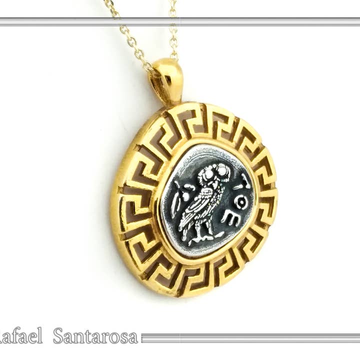 RAFAEL SANTAROSA - Wholesale Pendant/Charm Necklace - Owl coin pendant. Athena's owl necklace tetradrachm oxidized4