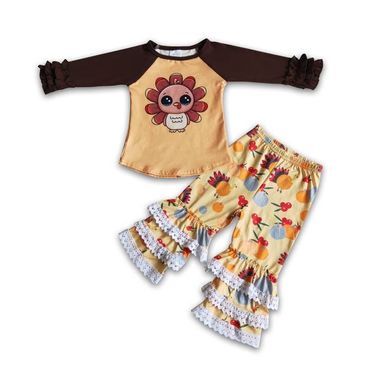 Turkey print shirt lace triple ruffle pants thanksgiving out for wholesale by Yawoo Garments