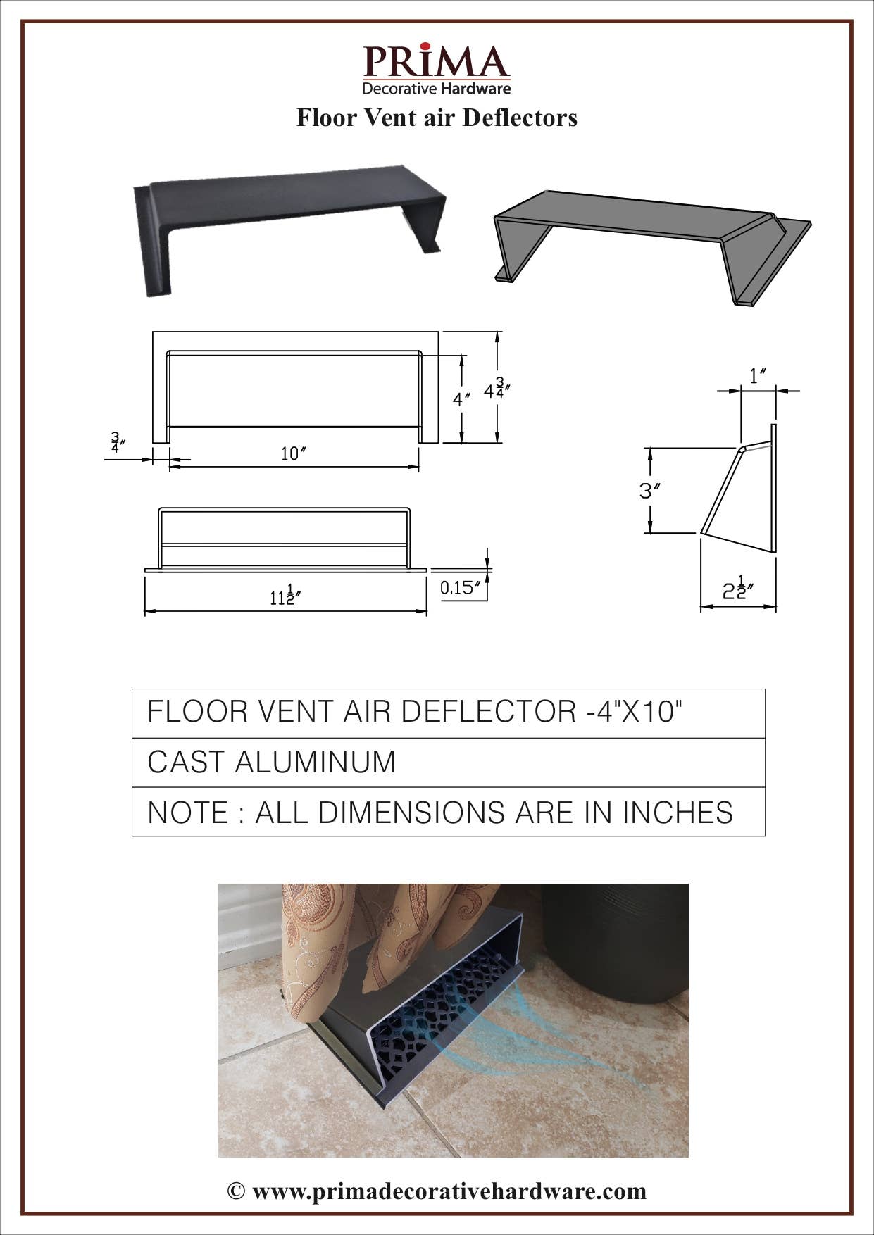 PRIMA DECORATIVE HARDWARE INC - Wholesale Ventilatie- en luchtstroom - Luchtdeflector 4"X10" - Modern ontwerp, zwaar gegoten aluminium15
