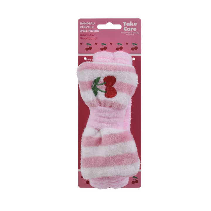 BANDEAU POUR CHEVEUX EN PELUCHE – RAYURES ROSES CERISE pour la vente par Takecare