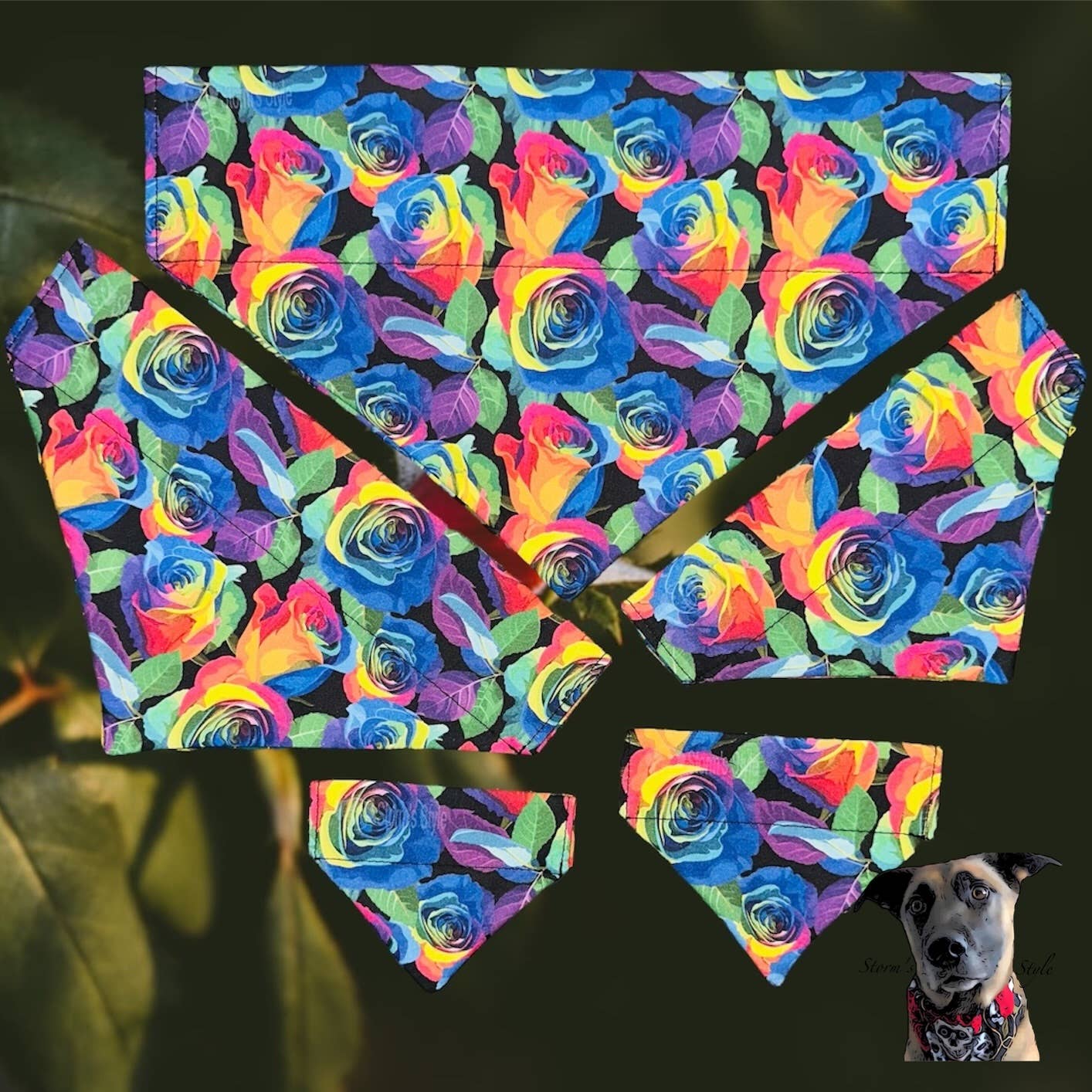 Storms Style – wholesale Pet bandana – Dog – Rainbow Roses Pet Bandanas - Dog Cat0
