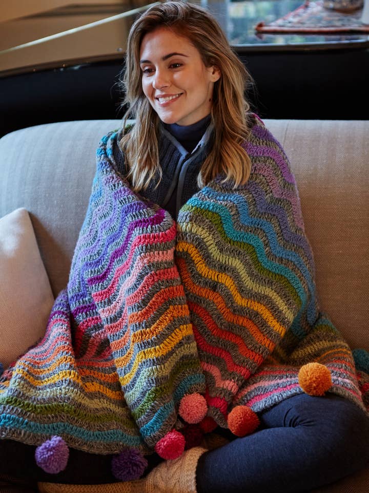 San Clemente Rainbow Stripe Crochet Decorative Throw Wool for wholesale by Pachamama Ltd