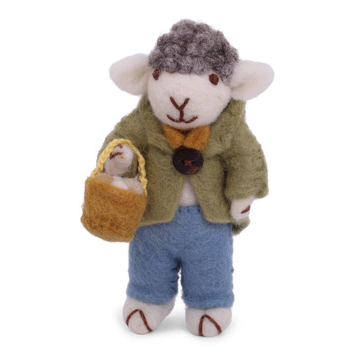 Gry and Sif - Wholesale Decorative Tabletop Object - Grey Sheep w/Green Jacket & Egg Basket with String