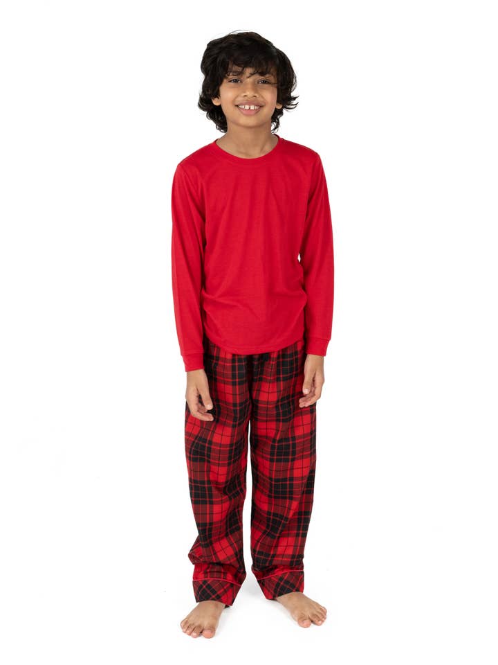 Leveret Pajamas – Großhandel Schlafanzug-Set – Kinder – Pyjama für Kinder, Polytop und Flanellhose, Rot, kariert, Weihnachten