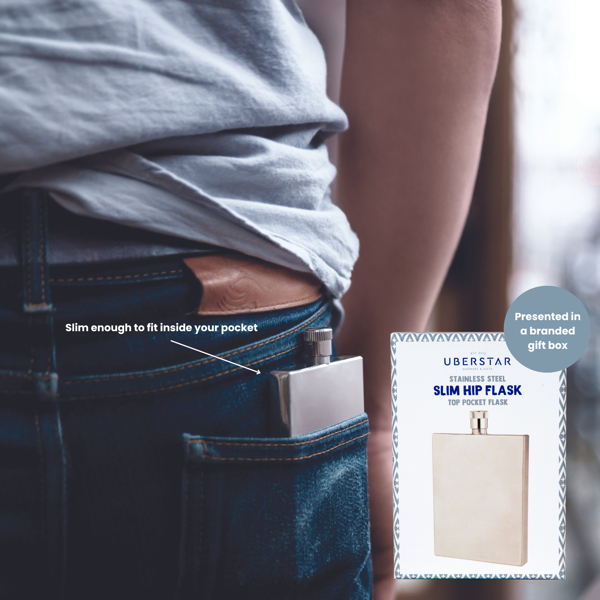 UBERSTAR – Cantil por atacado – Garrafa de anca fina de aço inoxidável 3oz5