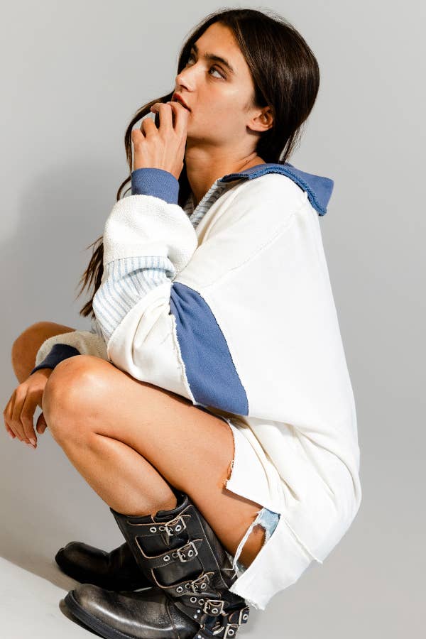 BUCKETLIST INC - Wholesale Knit Top - Women's - T2004 French Terry Knit Color-block Collared Loose Fit Top25