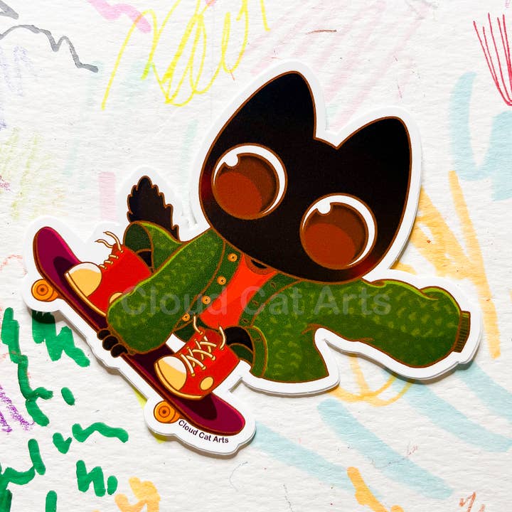 Cloud Cat Arts - Wholesale Sticker - Kick Flip Milo - Black Cat Skateboard -Vinyl Sticker1