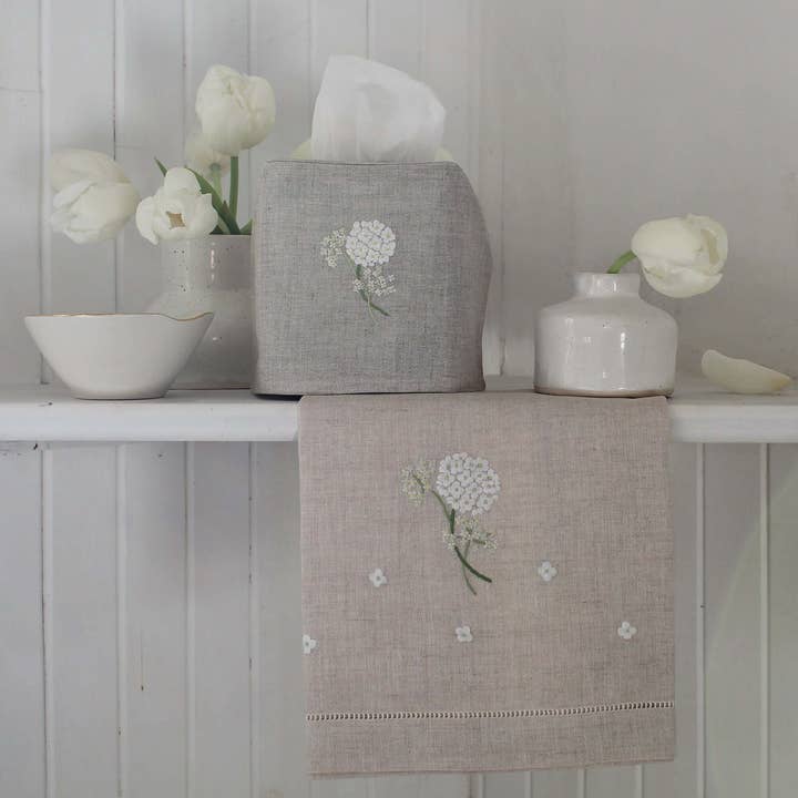 Hand Embroidered Linen Guest Towel – Hydrangea on Natural for wholesale by Gordonsbury
