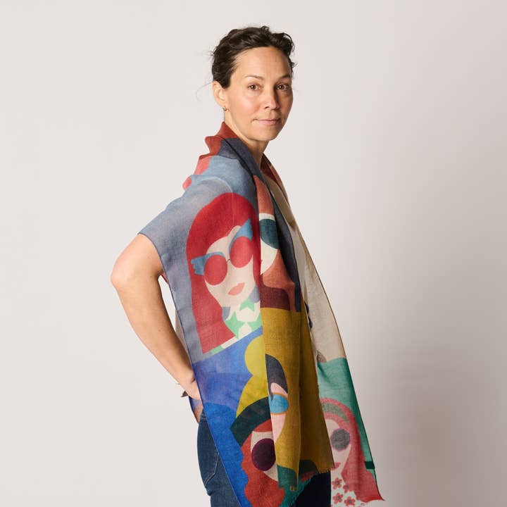 Margolis Pineo Italia - Wholesale Scarf - Women's - RESTOCKED "GIRLS W/ GLASSES" ART SCARF—SOFT WOOL FLEECE 19