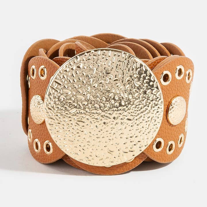 Collections by Fame Accessories - Wholesale Belt - Women's - Hammered Disc Accent Faux Leather Panel Link Belt1