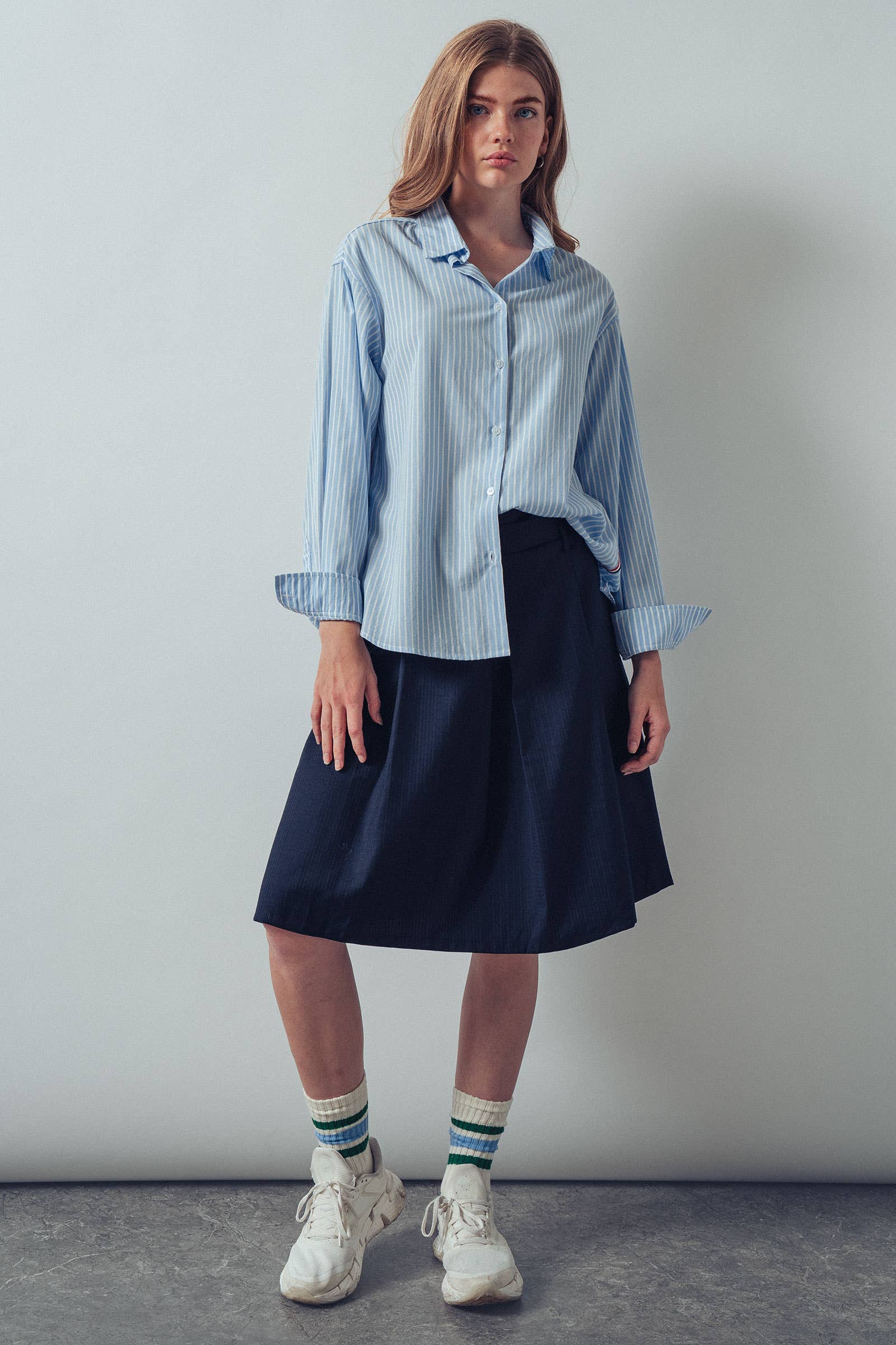 Urban Daizy - Wholesale Button Down Shirt - Women's - Striped Twill Tape Detail Statement Button Shirt19