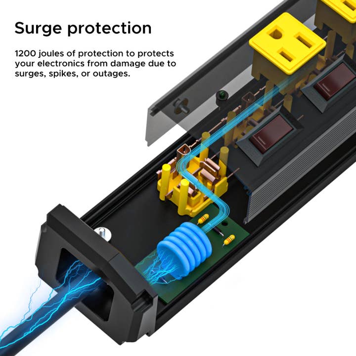 Rocket Socket Technology - Wholesale Power Adapter - CRST 6 Outlets Individual Switches Mountable Metal Power Strip Surge Protector, 6FT Flat Plug Power Cord, Optional 3 Colors