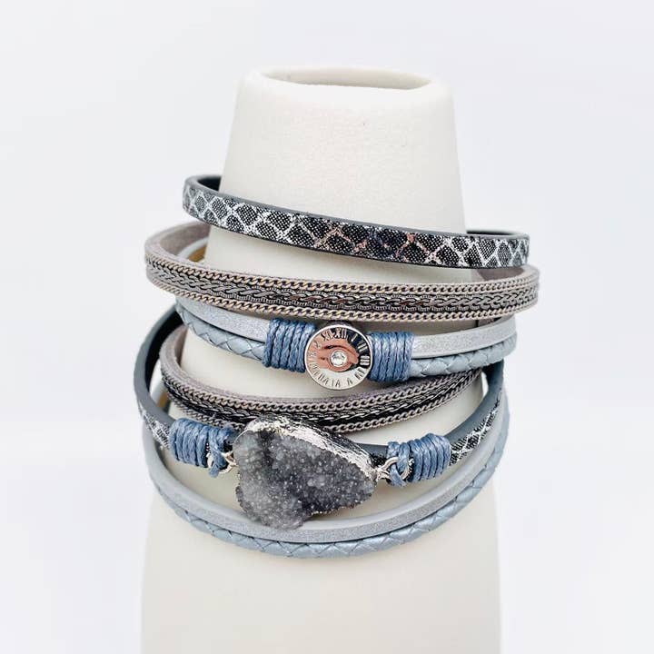 Crystal Multi-Layer Leather Magnetic Snap Bracelet - BJ/LB for wholesale by Mio Queena