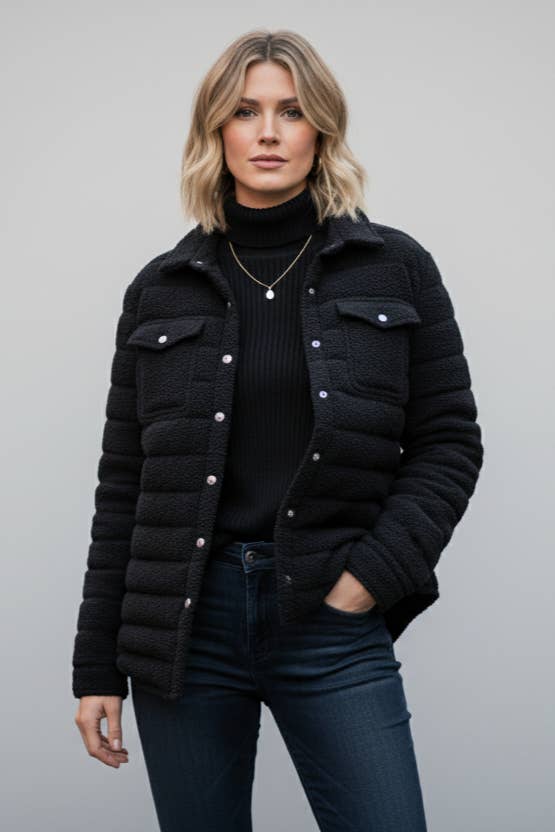 Cotes of London - Wholesale Puffer Jacket - Women's - The Harrow Bouclé | Down Shirt | Midnight Black