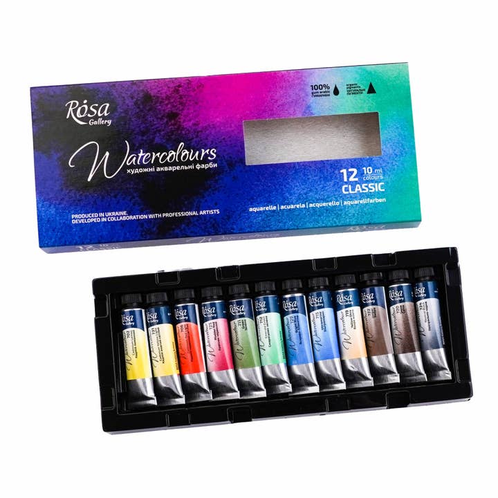 Set acquerelli per artisti ROSA Gallery Classic - Tubi da 12 x 10 ml | Acquerelli premium in scatola di cartone per la vendita all'ingrosso da parte di Fainotoys