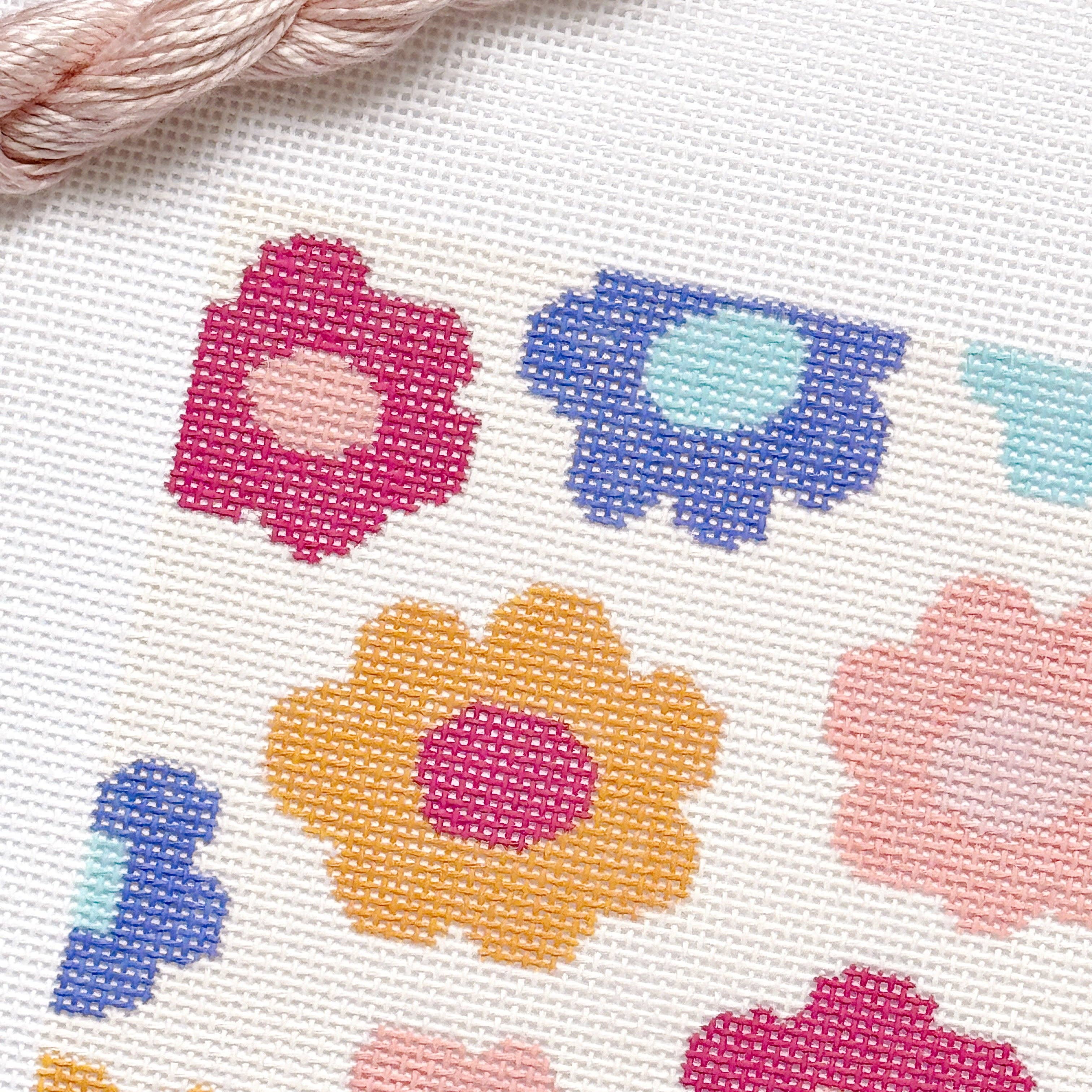 Cotswold Co Designs - Wholesale Embroidery/Cross Stitch Supplies - Retro Flower Pillow Needlepoint Canvas | Hand-Painted 13 Mesh | 8.5” x 8.5” Design on 12” x 12” Canvas | Ready to Ship3