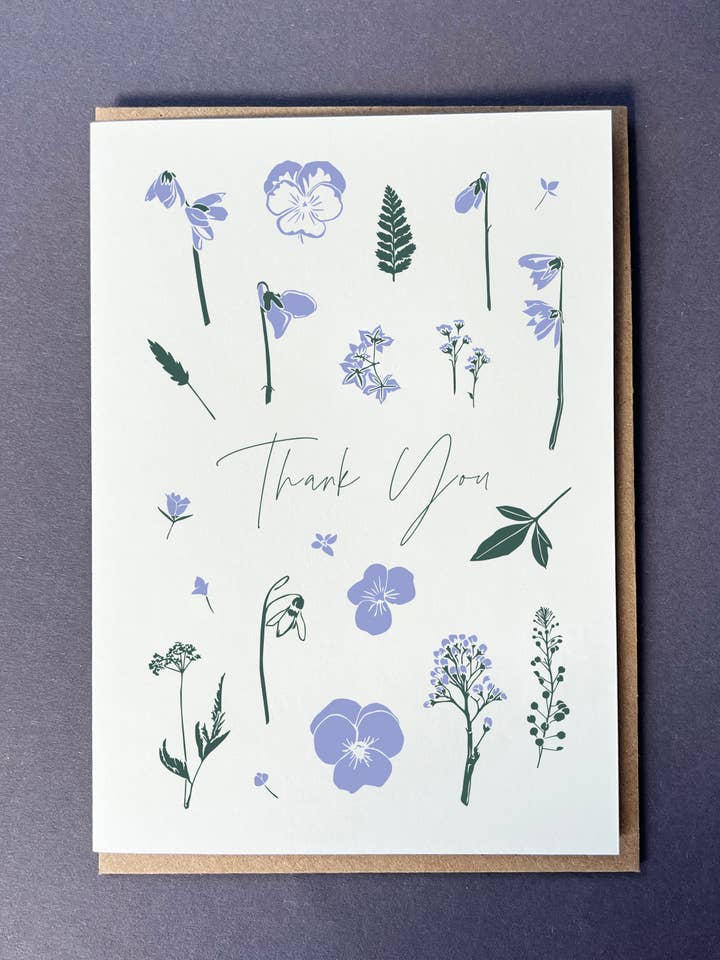 Thank You Blue Flower press Letterpress Card | Thank You for wholesale by Penguin Ink