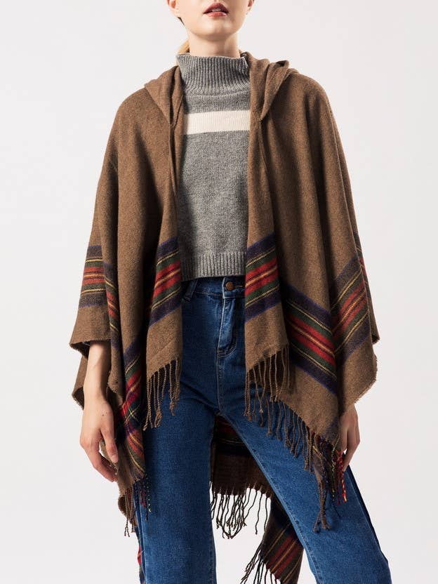 Rosa Clothing - Wholesale Poncho - Women's - Striped Thermal hooded Ruana Shawl with Tassel details2