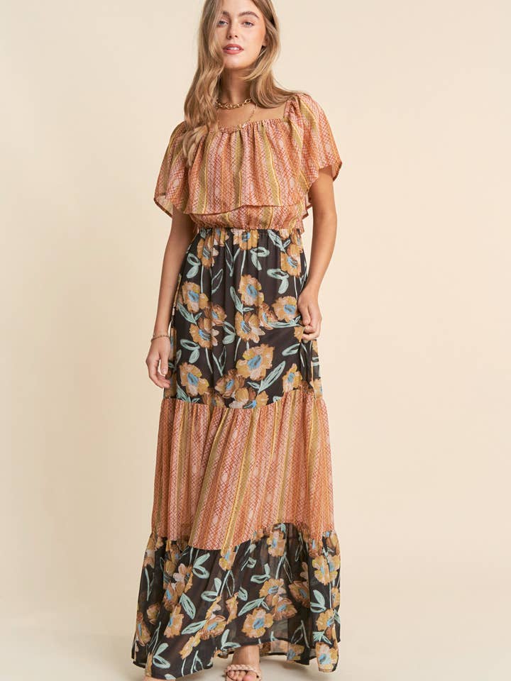 Sunset fields Off Shoulder Tiered Floral Maxi Dress for wholesale on Faire