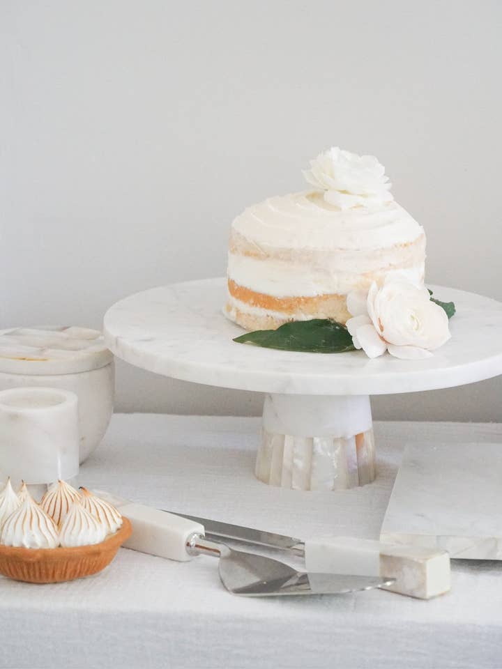 White Marble Cake Stand with Mother of Pearl Inlay for wholesale by Anaya Home
