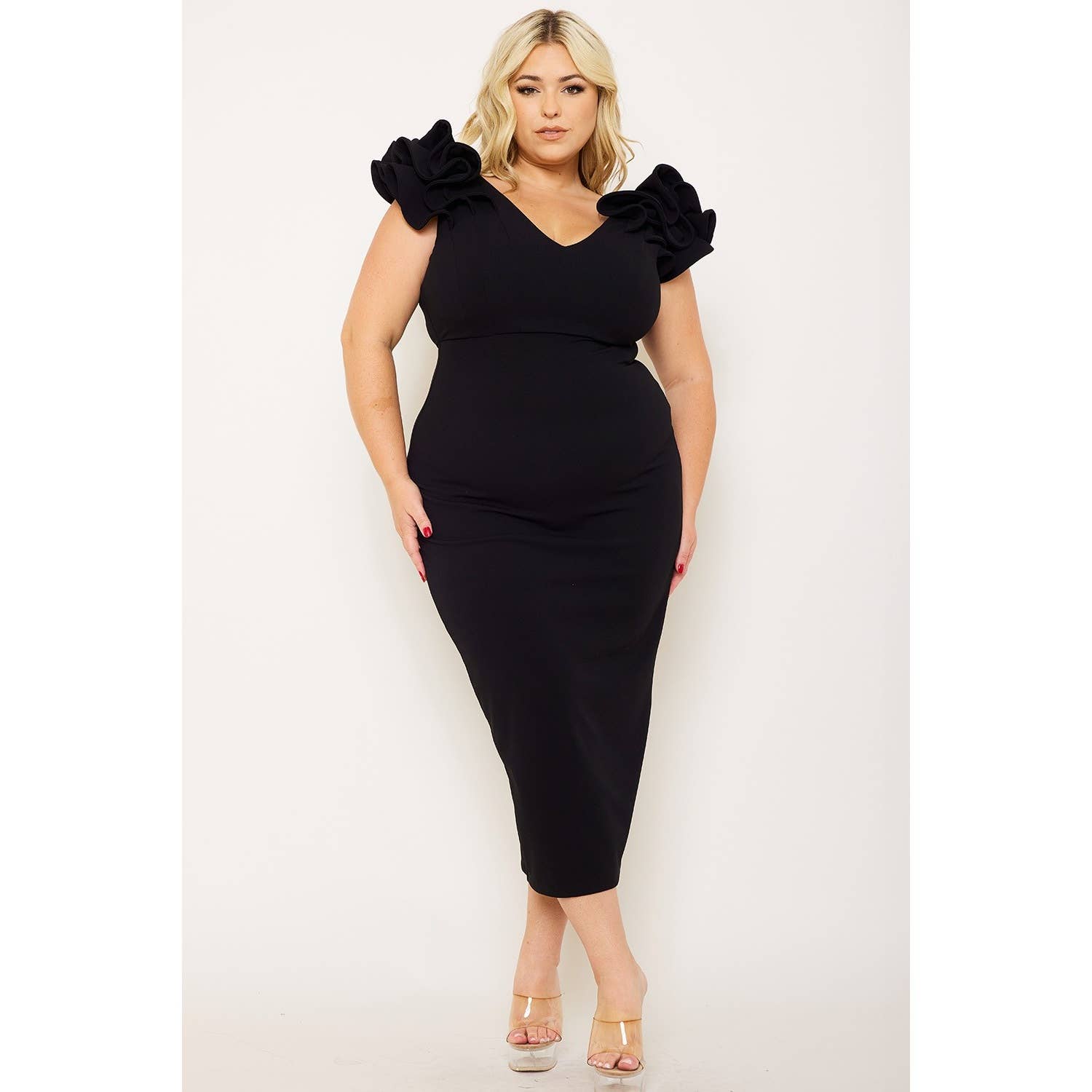 omgstyles - Wholesale Dress - Women's - PLUS SIZE RUFFLE DETAILSHOULDER MIDI DRESS0