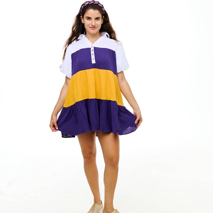 Vestido de lino fruncido con bloques de color morado y dorado para venta al por mayor de SongLily