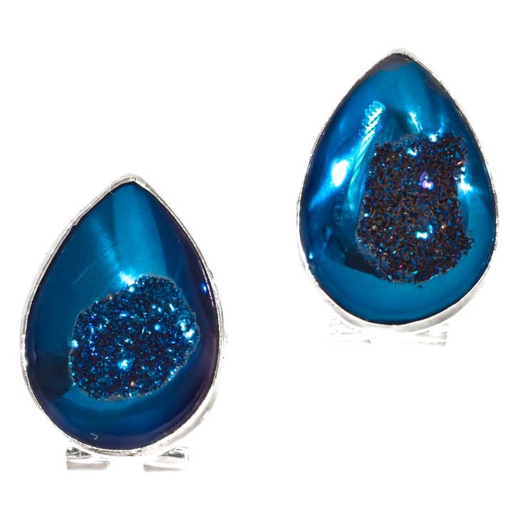 925 silver sparkling blue titanium druzy pear sterling omega stud earrings, 3/4" for wholesale by FifiRose