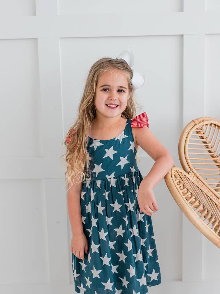 Yo Baby - Wholesale Dress - Kids - Navy Star Print Sleeve Ruffled Gathered Dress : Infant : Baby : Toddler : Tween : Kids