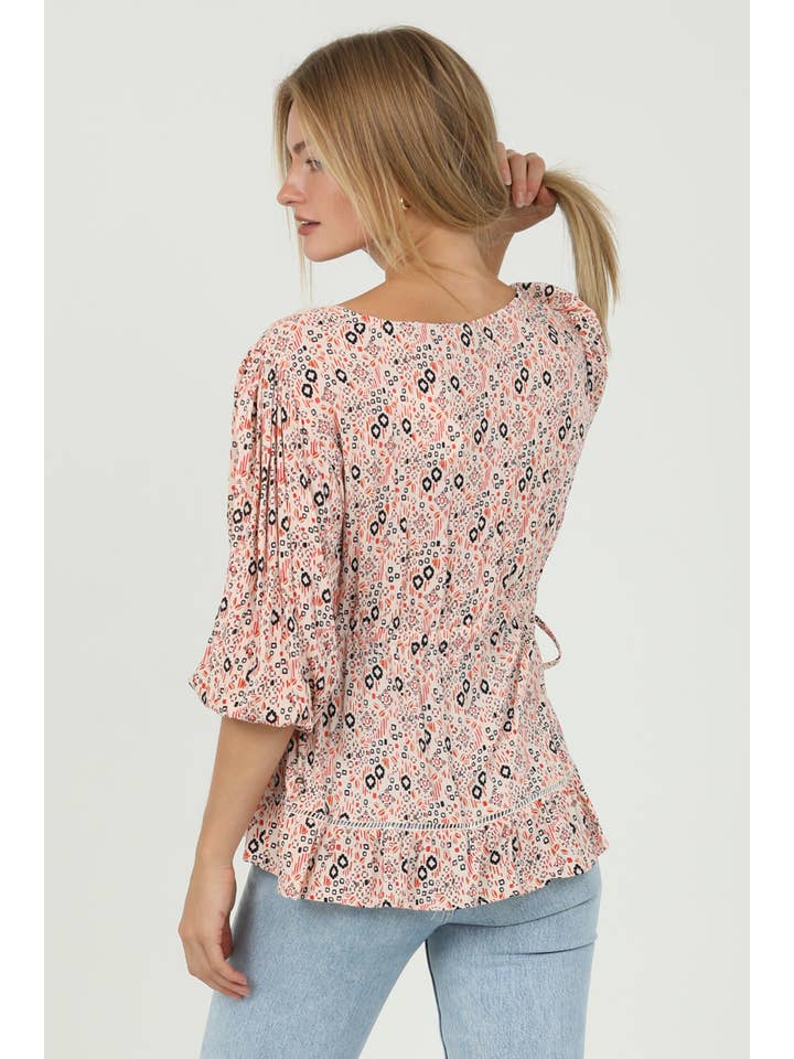 ANGIE - Wholesale Blouse - Women's - F2858-FQ61 V NECK PUFF SLEEVE BLOUSE WITH LACE TRIM AND DRAW3