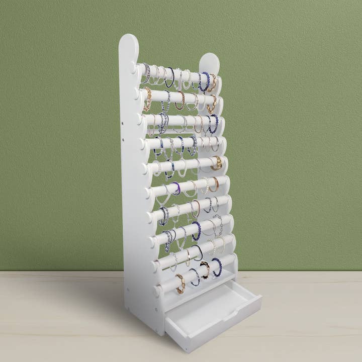White 10-Tier Wood Bracelet Display with Drawer | OUT OF STOCK (Restock in 2025) for wholesale by Infinite Soldier